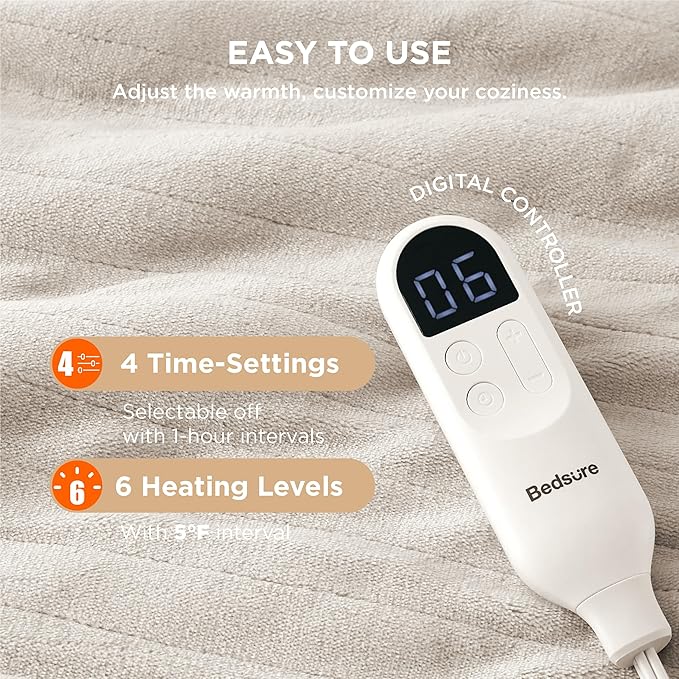 Bedsure Heated Blanket Electric Throw - Soft Flannel Electric Blanket, Heated Throw with 4 Time Settings & 6 Heat Settings, Warm Gift for Grandma (50x60 inches, Cream)