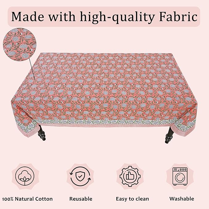 Ridhi Hand Block Print Dark Salmon Pink Rectangle Cotton Tablecloth 190" x 72" Reusable Table Cover Decorative Everyday Use for Dining, Farmhouse, Home Gift for Spring, Easter, Valentine