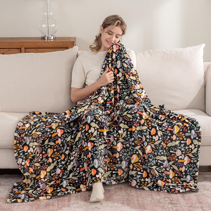 Berkshire Blanket-Classic Heavyweight Soft Printed VelvetLoft® Plush Throw Blanket, Cozy and Fuzzy, Mushroom Cutie Charcoal, 50in x 70in