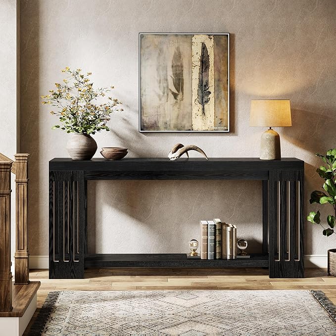 Tribesigns Farmhouse Console Table, 70.9-Inch Sofa Table Behind Couch with Vertical Stripe Legs, 2-Tier Entryway Accent Furniture for Living Room, Hallway, Entrance, Foyer, Black