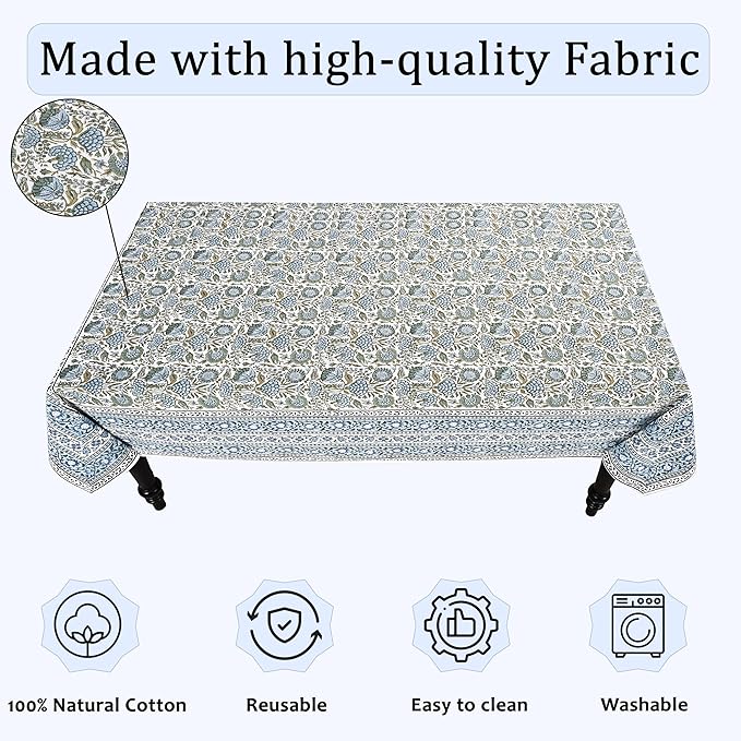 Ridhi Hand Block Print Asparagus Green Rectangle Cotton Tablecloth 90" x 60" Reusable Table Cover Decorative Everyday Use for Dining, Farmhouse, Home Gift for Spring, Easter, Valentine