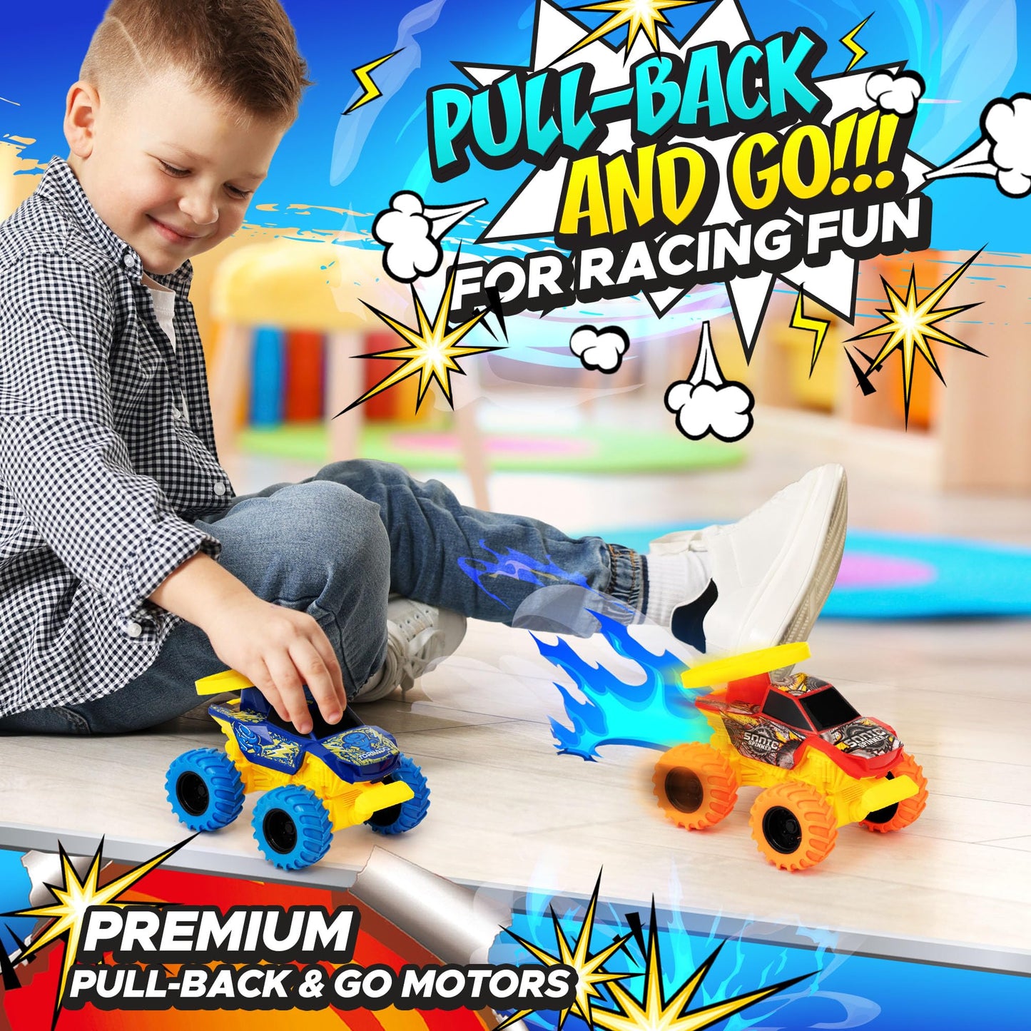 Team Power Monster Truck Toys Drone Warrior, Disc-Launching 2-Pack 5.2" Battle Trucks with Pull-Back Motors, Age 3, 4-7 and Above for Boys & Girls [Amazon Exclusive]