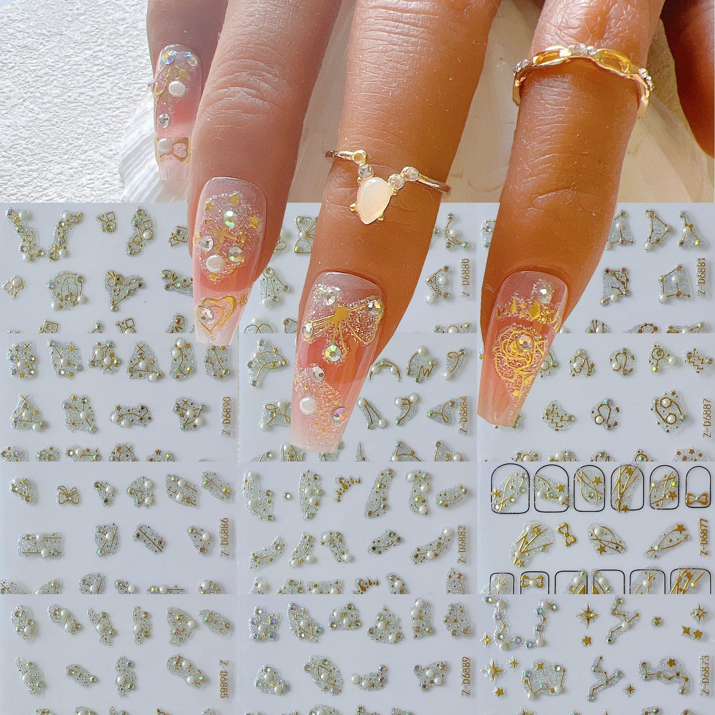 NAIL ANGEL 12Sheets Nail Art Adhesive Sticker Sheets Glitter Designs with Gold Decal Antique Baroque Styles with Rhinestones and Pearls Decals Nail Art 10356