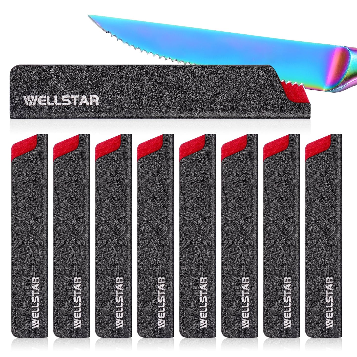 WELLSTAR Steak Knife Edge Guards Set, 8 Piece Universal Blade Covers, BPA Free ABS Protective Blade Sheaths, Non-Scratch Felt Lining Kitchen Utility or Steak Knives Covers (Knives not included)