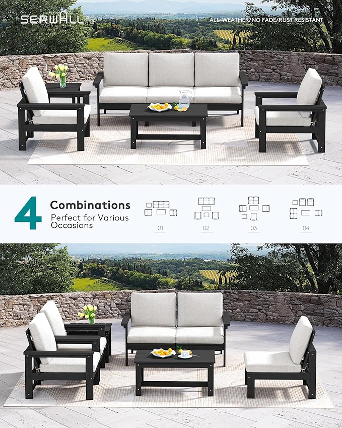 SERWALL HDPE Patio Furniture Set, 7-piece Outdoor Sectional Sofa Set, All Weather Outdoor Couch Set for Deck, Lawn, Black Frame with Khaki Cushion