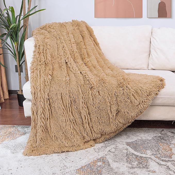Tuddrom Decorative Extra Soft Faux Fur Blanket Queen Size 80" x 90",Solid Reversible Fuzzy Fluffy Cozy Plush Fleece Comfy Microfiber Fur Blanket for Couch Sofa Bed,Camel