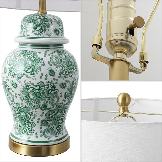 JONATHAN Y 29.5" Green/White Ceramic Table Lamp for Living Room and Office, White Linen Drum Shade, Traditional Chinoiserie Ginger Jar Lamp, LED Bulb Included (JYL3008D)