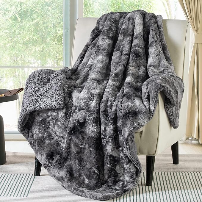 Bedsure Sherpa Blanket Twin Size - Soft, Fuzzy & Fluffy Faux Fur - Warm, Cozy Blanket for Couch, Sofa and Bed, Tie Dye Design, Grey, 60x80 Inches