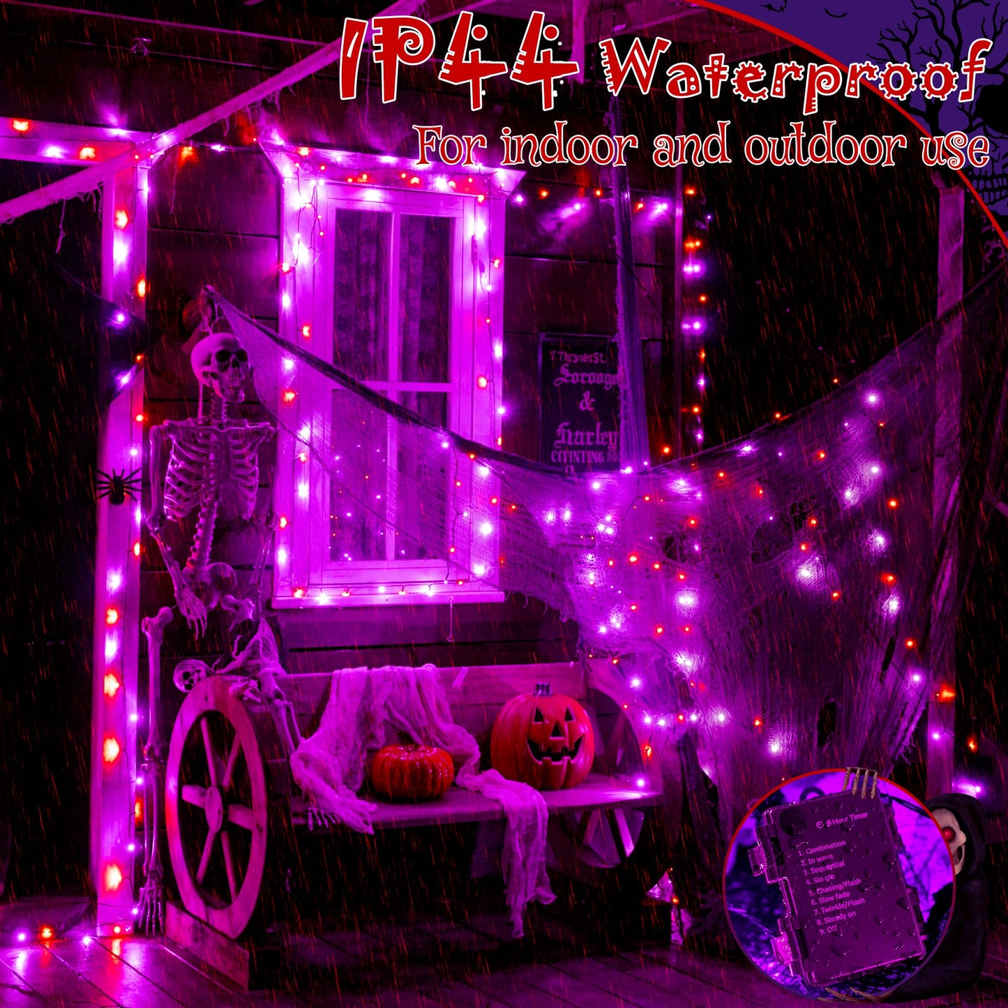 Ollny Halloween Lights 100LED 33FT, Orange and Purple String Lights with Creepy Cloth(197 x 63 in), Battery Operated Fairy Lights with 8 Lighting Modes Timer for Outdoor Party Yard Decor