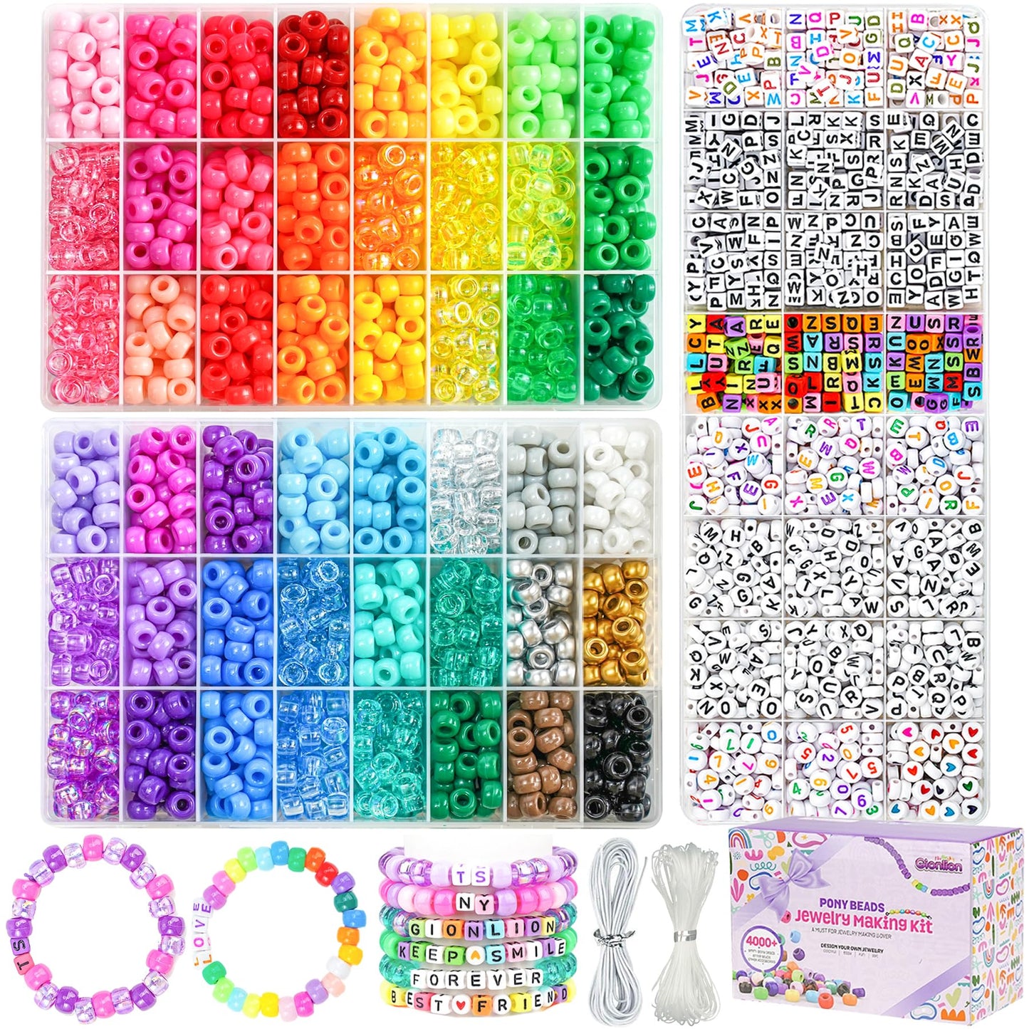 Gionlion 4200Pcs Pony Beads for Bracelet Making Kit, 48 Colors Kandi Beads Bracelet Kit, 2500PCS Rainbow Candy, 1700PCS Friendship Letter Bead with 20 Meter Elastic Strings