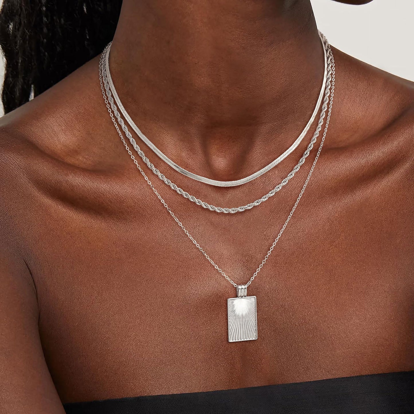 CHESKY Layered Silver Necklaces for Women Trendy, Dainty Silver Plated Stackable Charm Necklaces for Womens Square Pendant Necklaces Silver Jewelry Set for Women Gifts