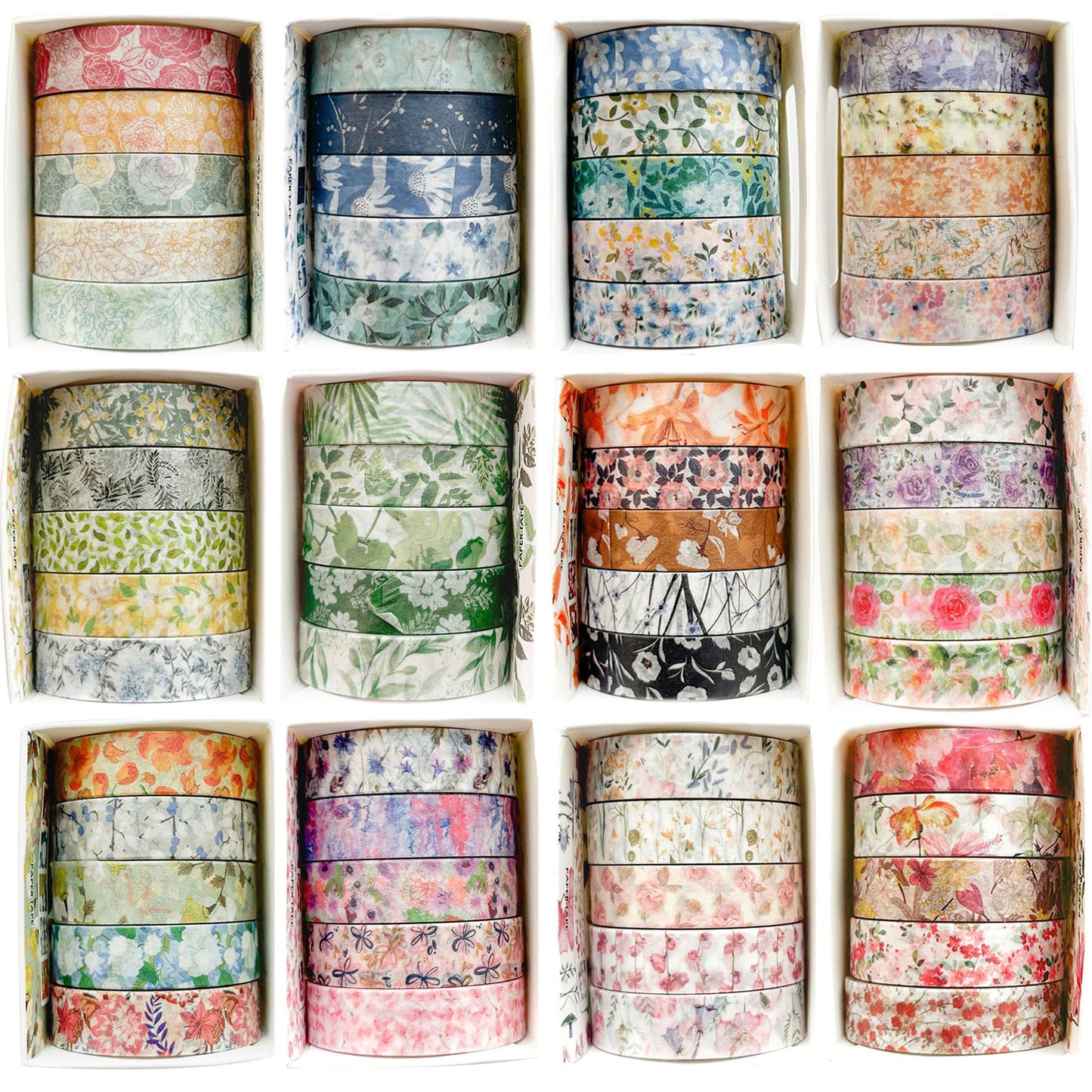YUBX Flowers Washi Tape Set 60 Rolls Floral Patterns Decorative Skinny Blooms Masking Tapes for Arts, DIY Crafts, Journals, Planners, Scrapbook, Wrapping (Spring)