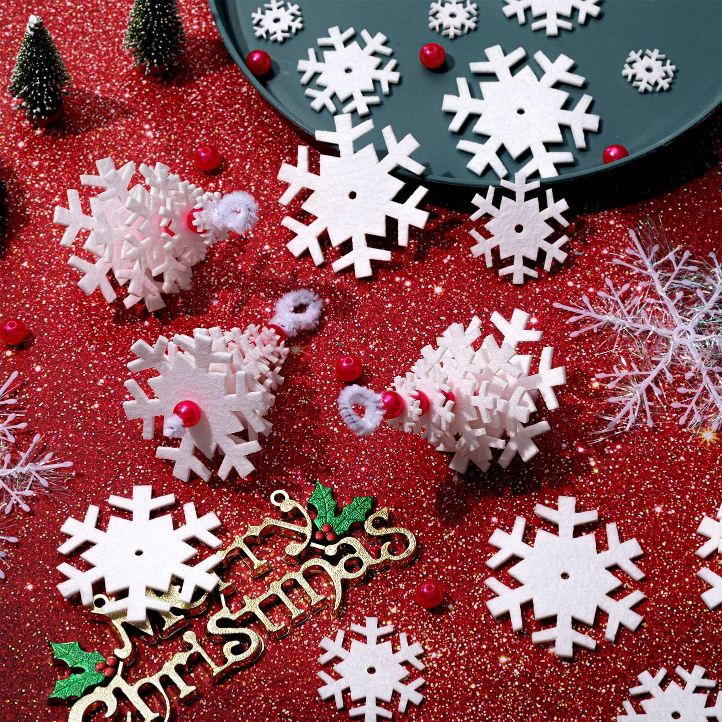 Buryeah 50 Sets White Snowflake Layered Christmas Ornament Craft Kit Makes Small Felt Snowflakes Christmas Tree Felt Crafts for Xmas Decoration Stocking Stuffer Holiday Fun Home Activities