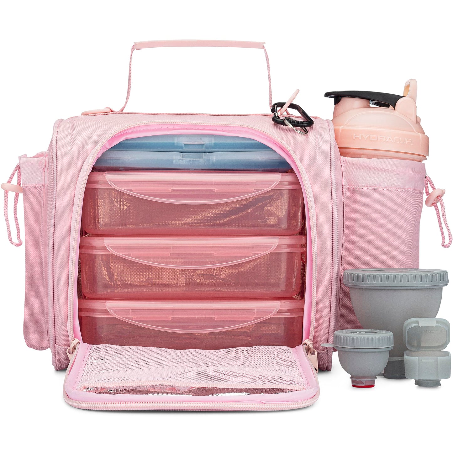 Hydra Cup Meal Prep Bag, Lunch Bag with Containers Included, Insulated Lunch Box with Containers, Meal Prep Lunch Bag with Shaker Bottle, Ice Packs, Cup Holder & Trolley Sleeve (Pink)