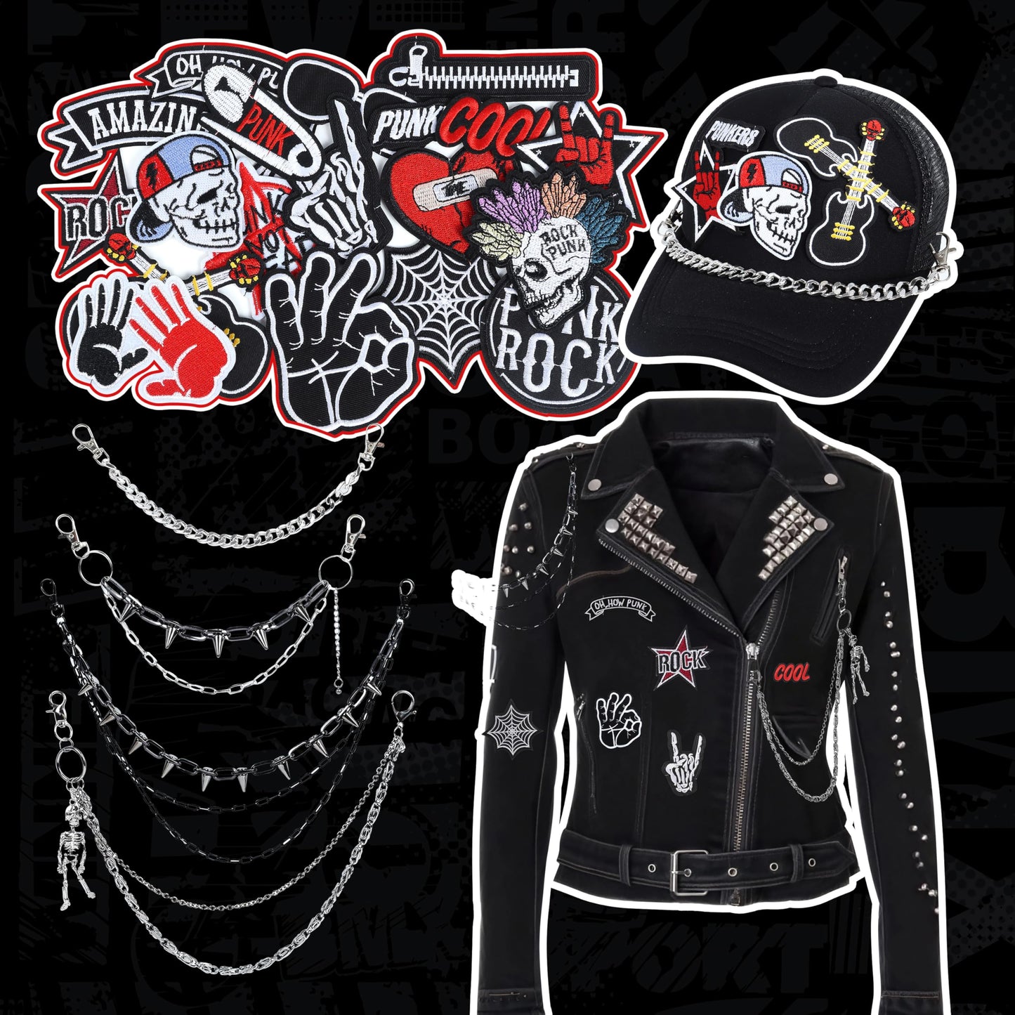 Meneng Punk Chains Kit for Men: 24PCS Black Hats Pants Chain with Embroidered Patch - Goth Hip Hop DIY Crafts for Jeans Wallets Belts Pockets Trucker Hats