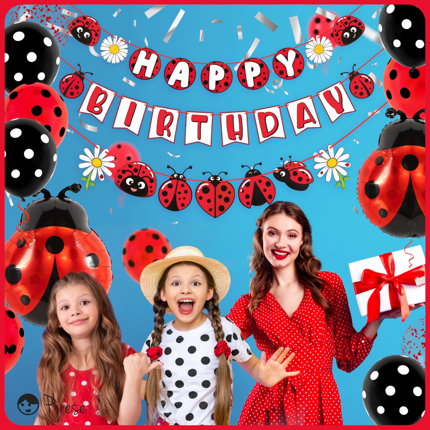 Pirese Ladybug Birthday Decorations, Ladybug Party Banner with Balloons, Pre-Strung Happy Birthday Decor Kit