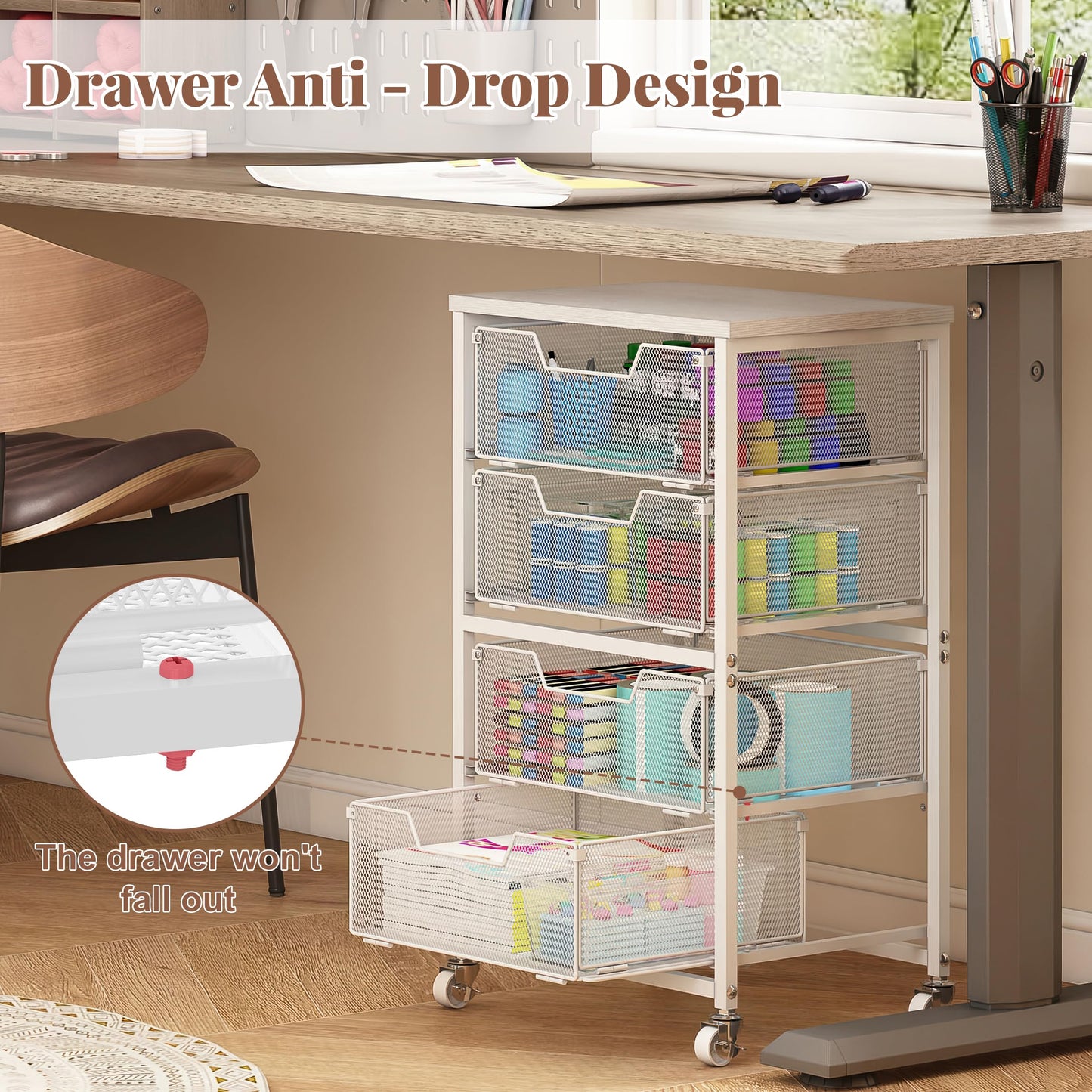 4-Drawer Rolling Storage Cart, Utility Cart with Drawers, White Metal Craft Cart Organizer with Wheels & Wooden Top, Art Supply Storage Organizer for Classroom, Office, Kitchen,Patent Pending