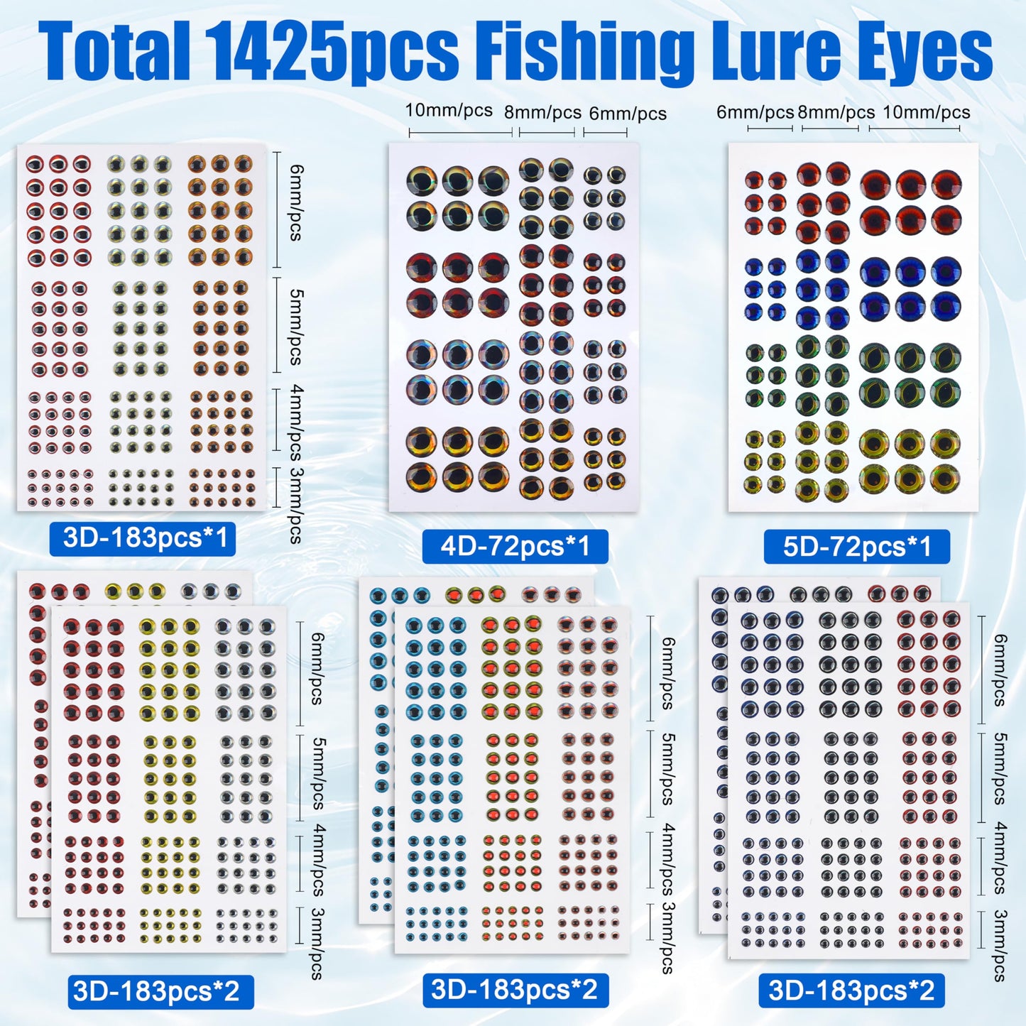 SILANON 1425pcs Fishing Lure Eyes, 3D/4D/5D Fishing Eyes Artificial Realistic Fish Eyes Fly Tying Eyes for Making Fishing Bait Lures Crafts DIY Materials Tool