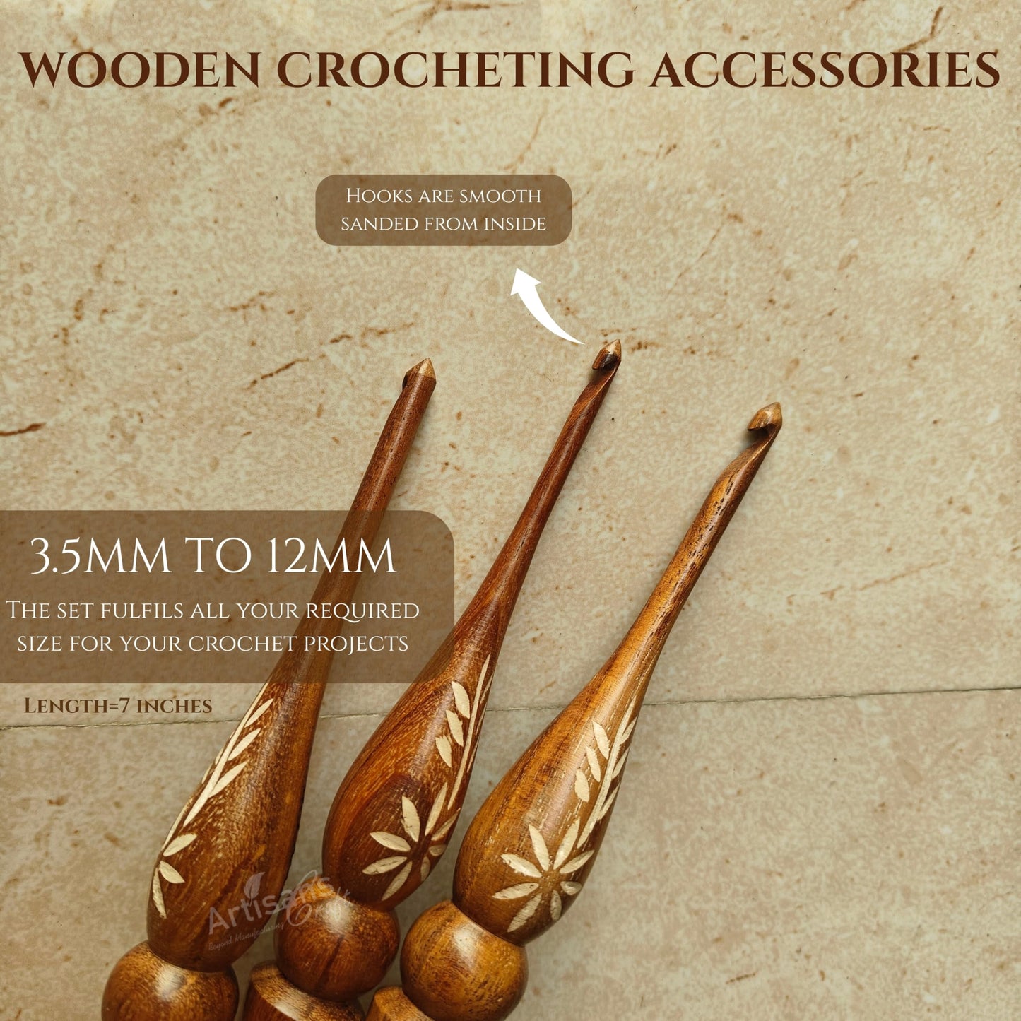 Crochet Hooks Set of 13-3.5mm to 12mm - Hand Carved Wooden Hook with Leaf Design - Ergonomic Soft Grip for Arthritic Hands - Crochet Accessories (Set of 13)