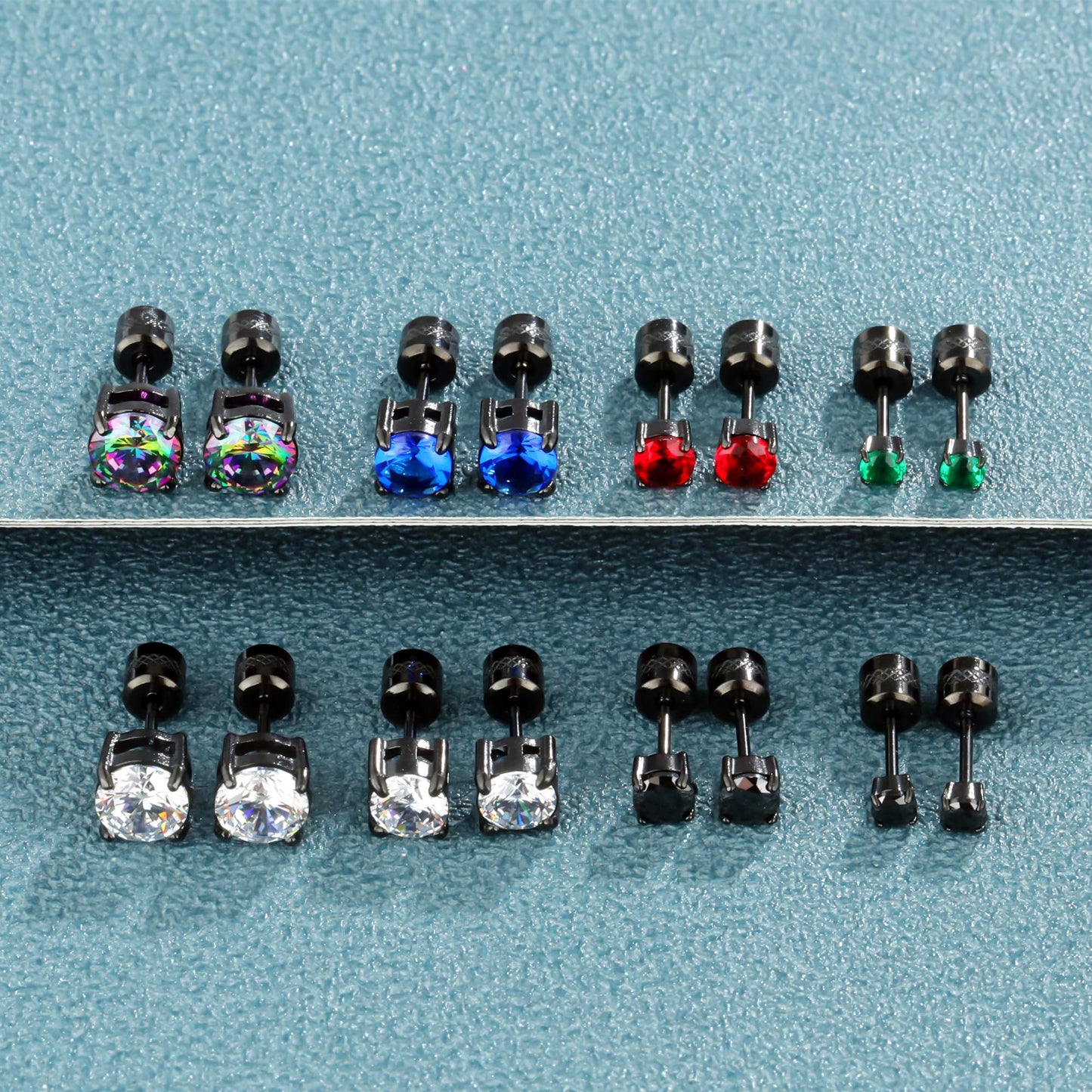 Hopply 4 Pairs Titanium Screw Back Surgical Stainless Steel Earrings for Women Men,Rainbow 5A Cubic Zirconia Studs Double Side Earrings Piercing Sleeper Jewelry 6mm (Silver/Black CZ 3-6mm)