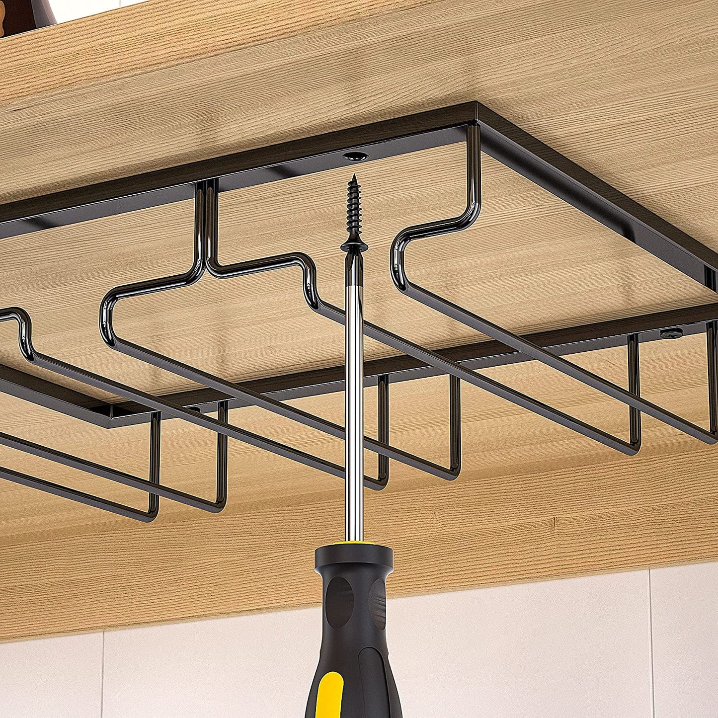 FIAMER Wine Cup Holder Table Decoration Storage Hanger Metal Organizer for Bar Kitchen Stemware Rack Under Cabinet Stainless Steel Hanger Storage Shelf Black (Black, 3 Rows 1 Pack)