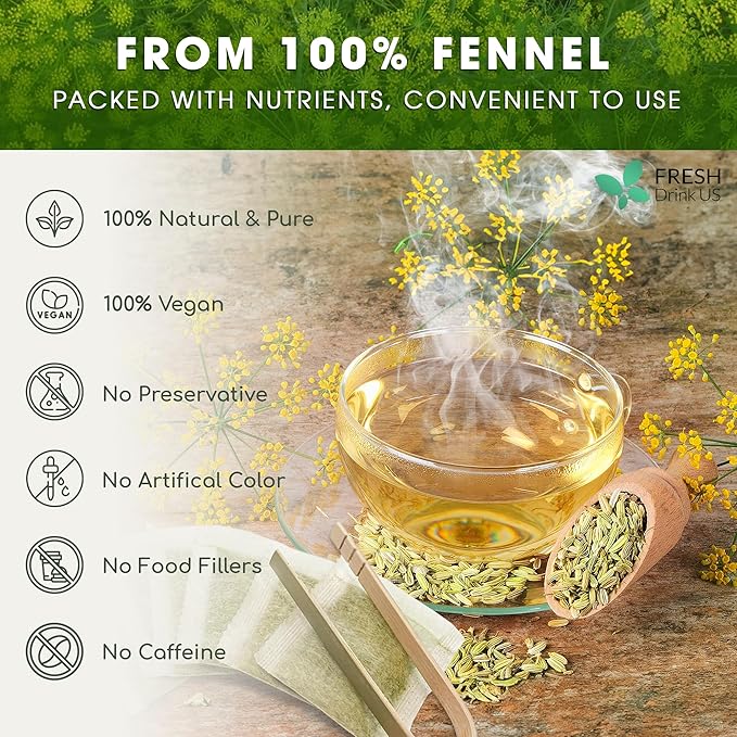 FreshDrinkUS, Premium 200 Fennel Tea Bags, 100% Natural & Pure from Fennel Seeds. Made with Natural Material Tea Bags. No Sugar, No Caffeine, No Gluten, Vegan.