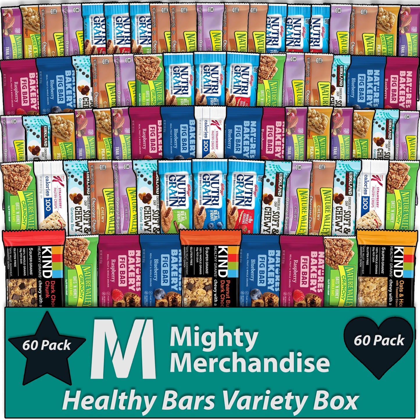 Mighty Merchandise Healthy Mixed Snack Bar Box Variety Basket | (Pack of 60) | Perfect for Men, Women, Adults, Office, School, College, Work | Gift Basket