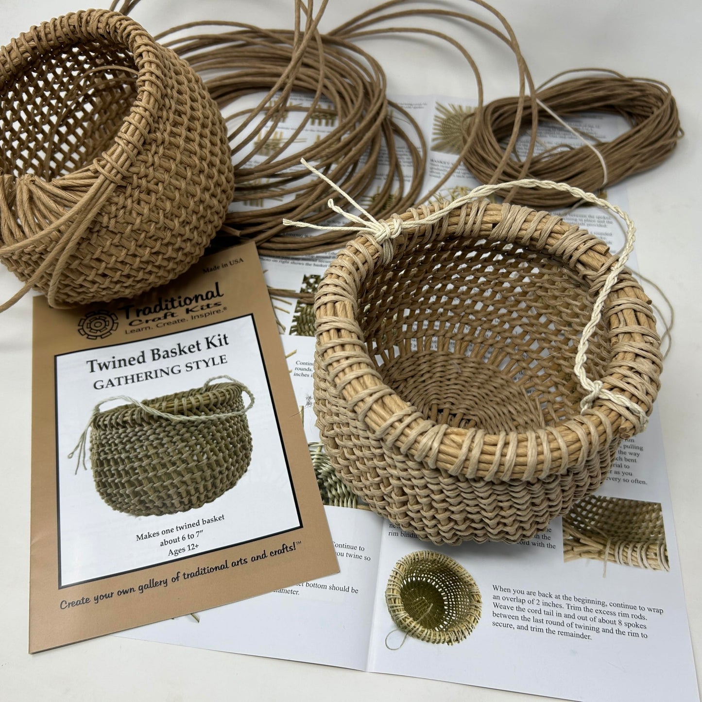 Traditional Craft Kits Twined Basket Weaving Kit – Gathering Style DIY Basket Making Supplies – Includes Fiber Rush, Hemp Twine, and Photo Instructions – Beginner to Intermediate Craft
