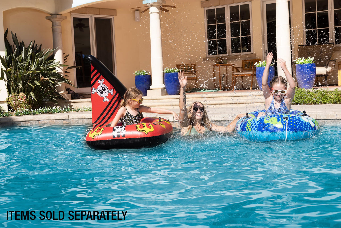 Poolmaster Inflatable Pirate Boat Pool Float for Kids, Baby Rider Boat with Seat, Pirate Ship Inflatable with Mast, Oar Locks and Rope Holders, Durable Vinyl Floatie for Pool, Lake or Beach