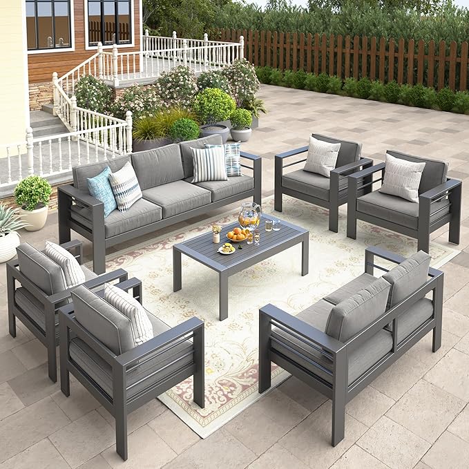Wisteria Lane 7-Piece Outdoor Patio Furniture Set, Outdoor Sectional Furniture with Upgraded Cushions, Outdoor Conversation Seating Set for Balcony, Garden, Deck, Backyard, Grey