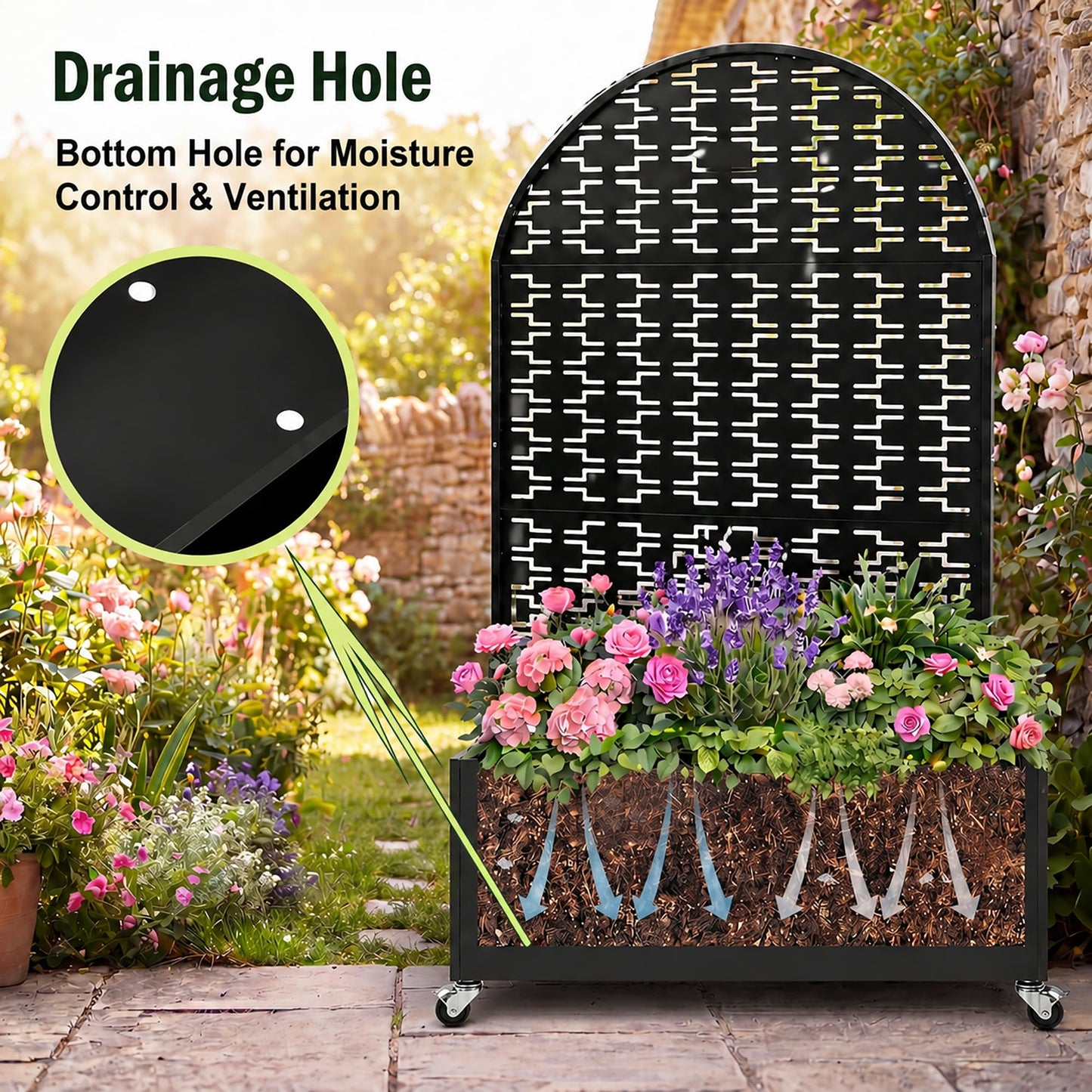 Veemuaro Metal Planter Box with Trellis, 70" H × 46" L Freestanding Outdoor Raised Garden Bed with Privacy Screen, Wheels and Drainage Holes, Arched Privacy Screen Planter Box for Backyard and Garden