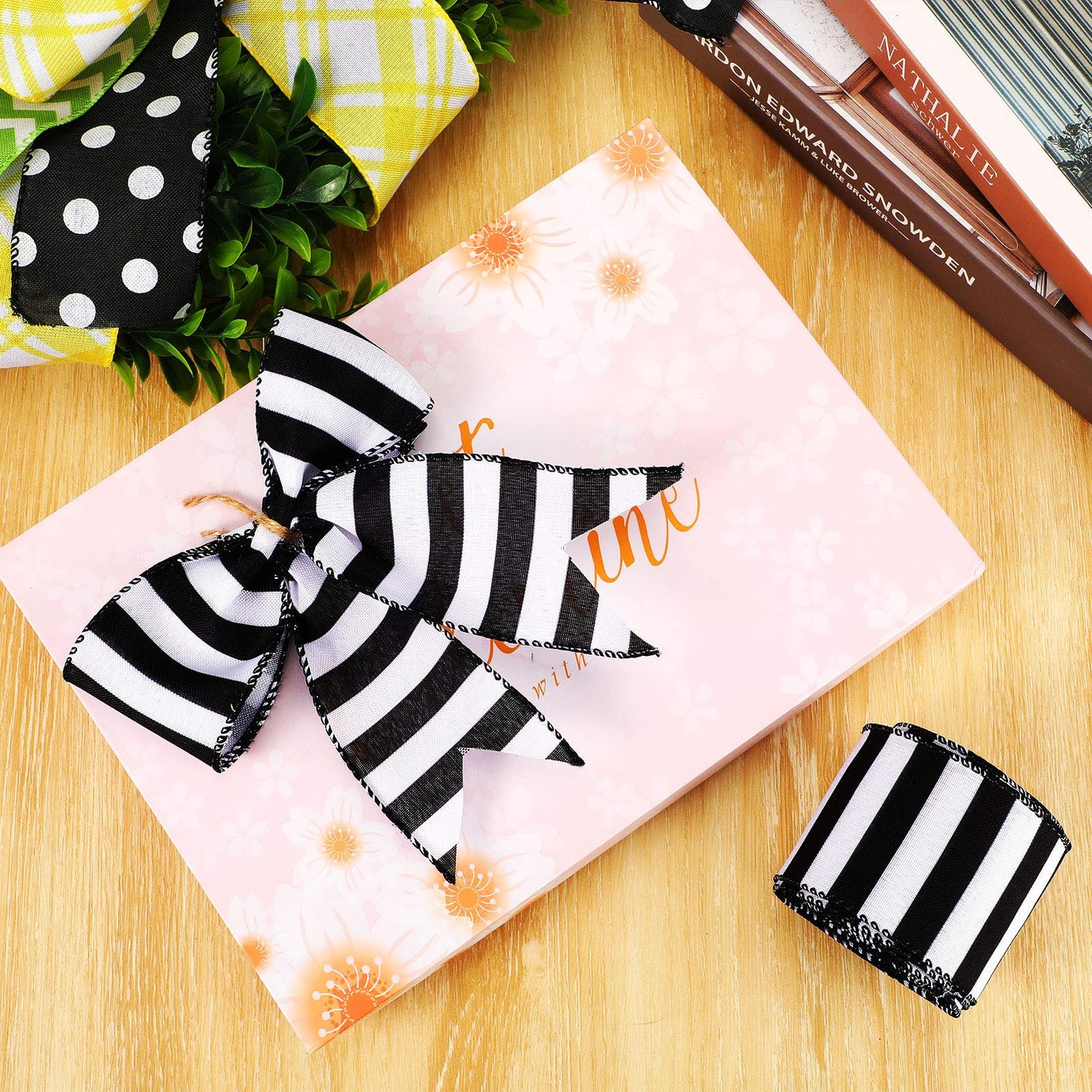 Chuangdi 2 Rolls 20 Yards 2.5 Inch Black and White Wired Ribbon Stripe Burlap Wired Ribbon for Gift Wrapping Craft Wreath Bows Fall Christmas Decor