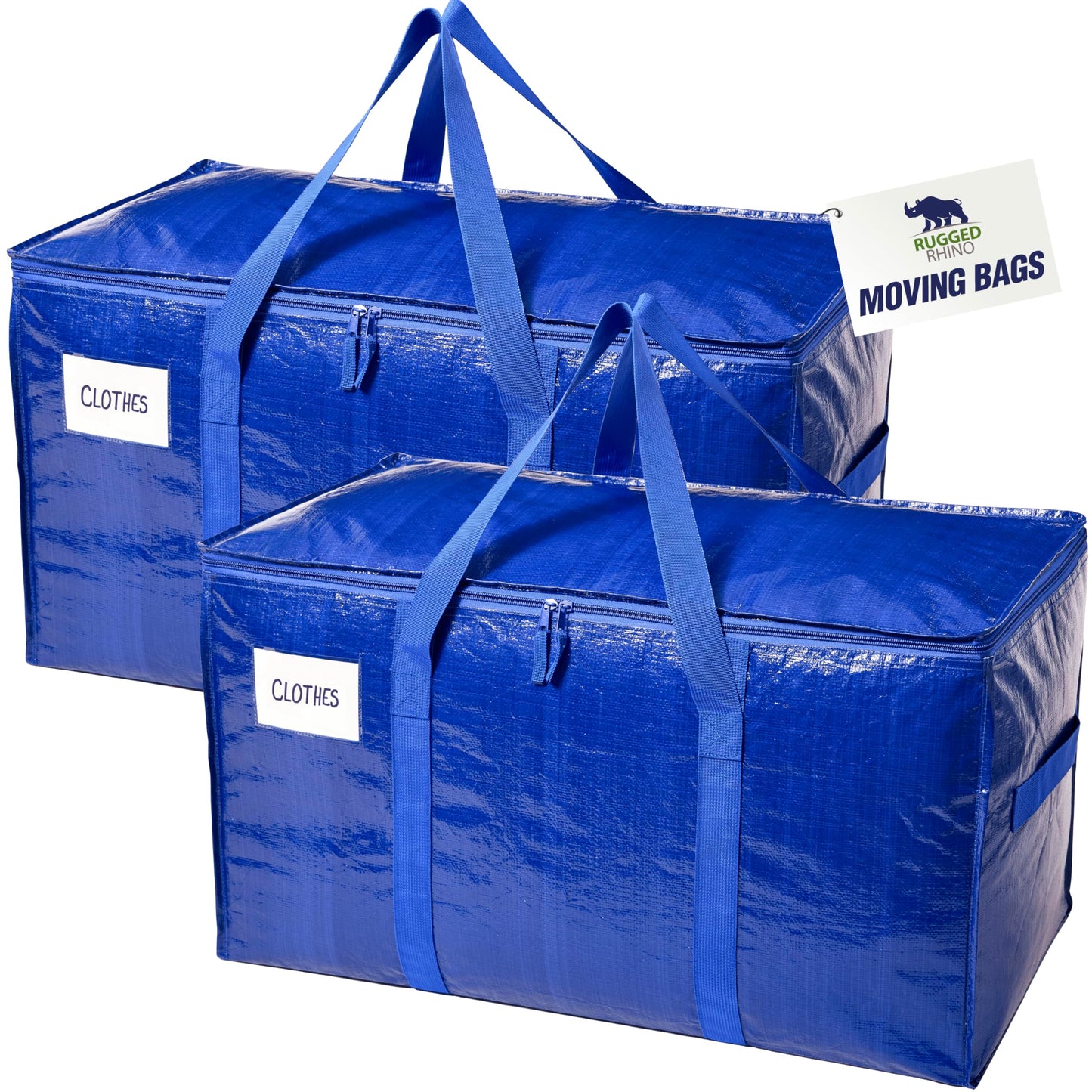 RUGGED RHINO Heavy Duty Extra Large Blue Moving Bags, Durable Bag with Strong Handles and Zipper, Moving Boxes Alternative for College Packing, Holiday Décor, Space Saving Storage with Label, 2 Pack