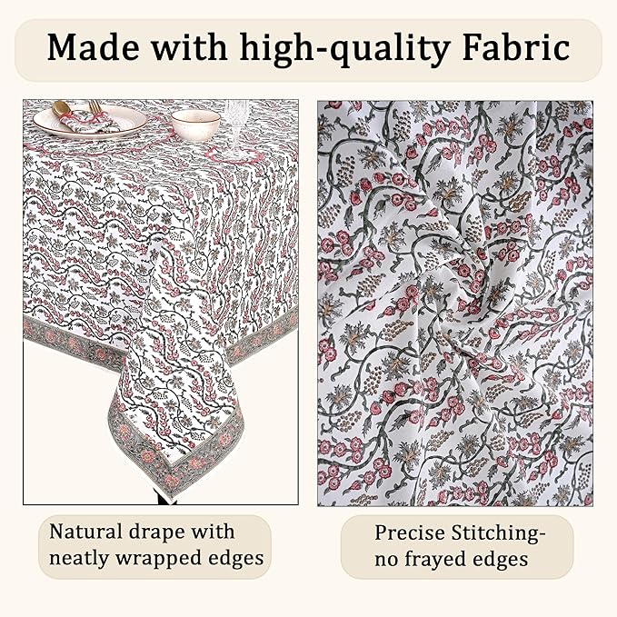 Ridhi Hand Block Print Coral Pink Rectangle Cotton Tablecloth 108" x 60" Reusable Table Cover Decorative Everyday Use for Dining, Farmhouse, Home Gift for Spring, Easter, Valentine