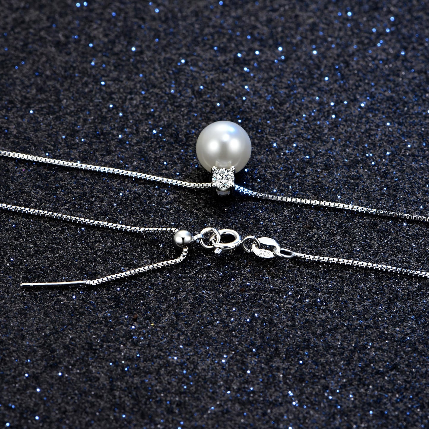 Silver Plated Copper Single Pearl and Solitaire Pendant Necklace for Women 10MM White Round Shell Pearl Chain Choker Dainty Adjustable Bridal Jewelry 18.5’’