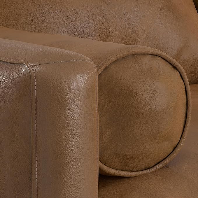 SIMPLIHOME Morrison 72-inch Wide Sofa in Caramel Brown Top Grain Genuine Leather, Mid-Century Modern-Style Loveseat for Living Room, Single Bench Cushion, Removable Back Cushions, 2 Bolster Pillows