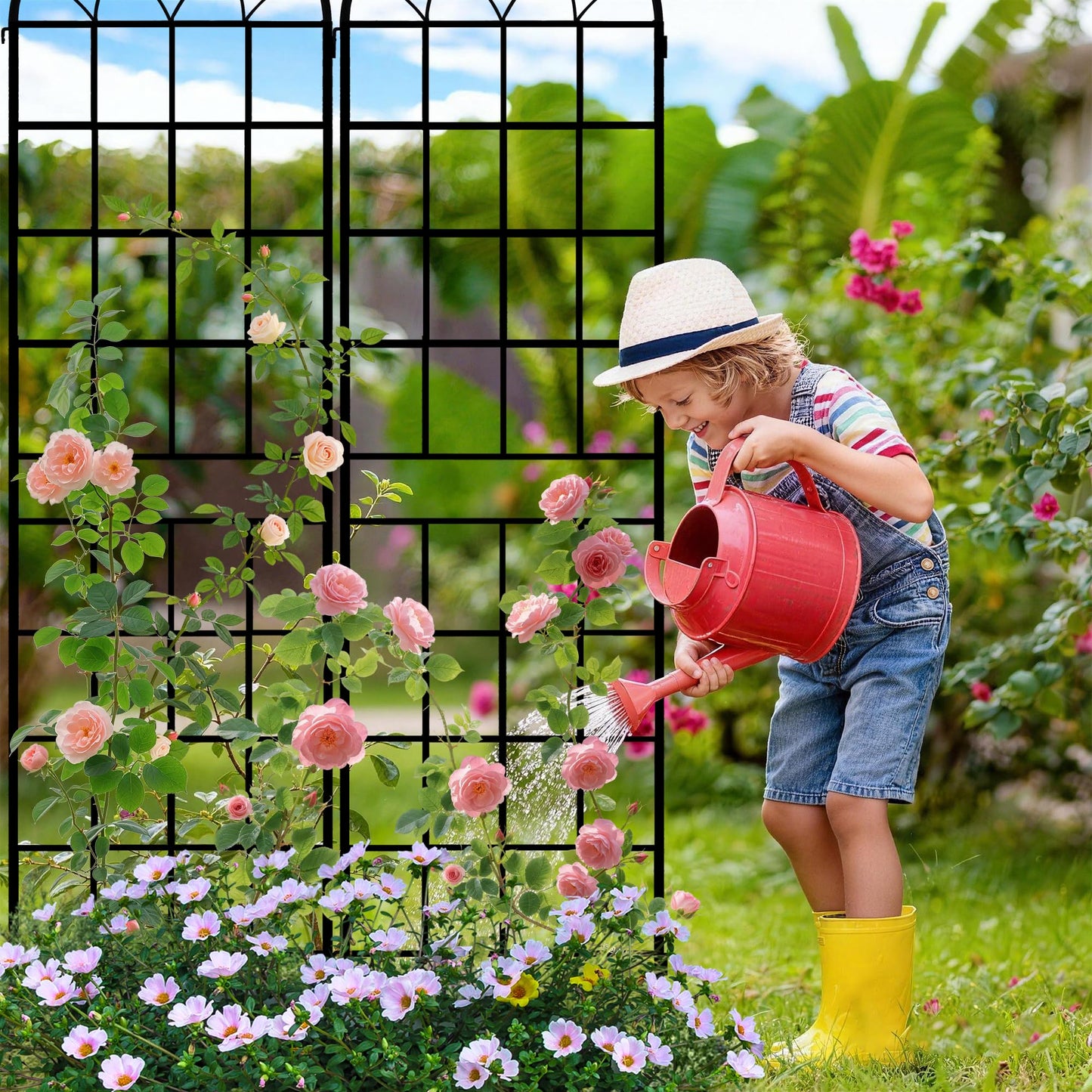 LZRS 2 Pack 83x20in Rustic Iron Arch Decoration Garden Trellis with Black Metal Coating – Perfect for Supporting Climbing Plants Outdoor, Roses, Vines, Flowers, and Vegetables.