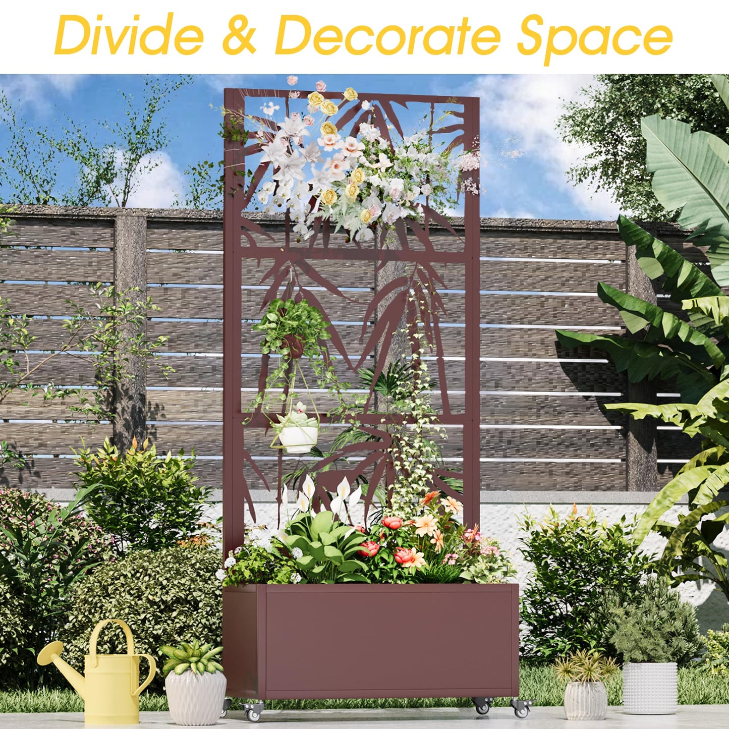 UPHYB Metal Planter Box with Trellis, 71"x 35"x 16" Raised Garden Bed with Trellis, Planter Box Trellis with Privacy Screen, Drainage Holes and 4 Lockable Wheels, Brown, Bamboo Style
