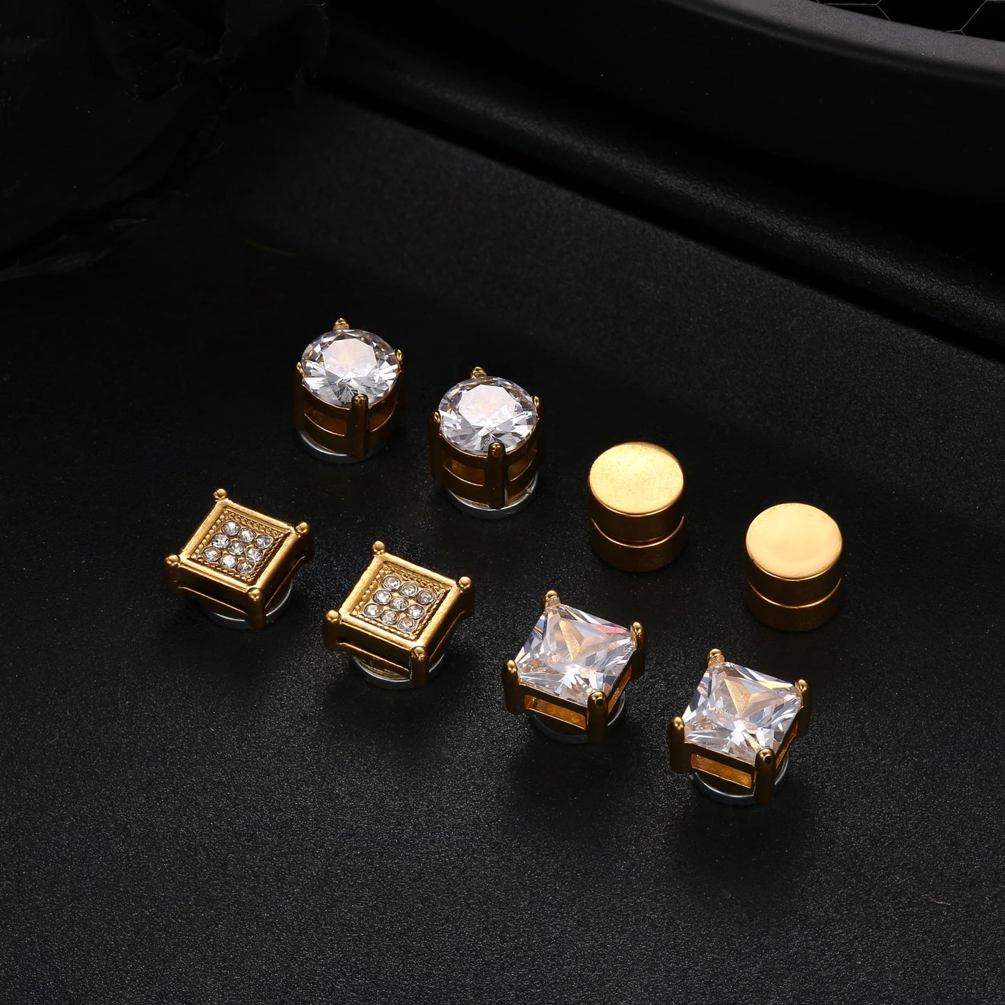 Jstyle 4 Pairs Stainless Steel Magnetic Stud Earrings for Men Women Gold CZ Non-Piercing Clip On Stud Earrings Set 8 MM