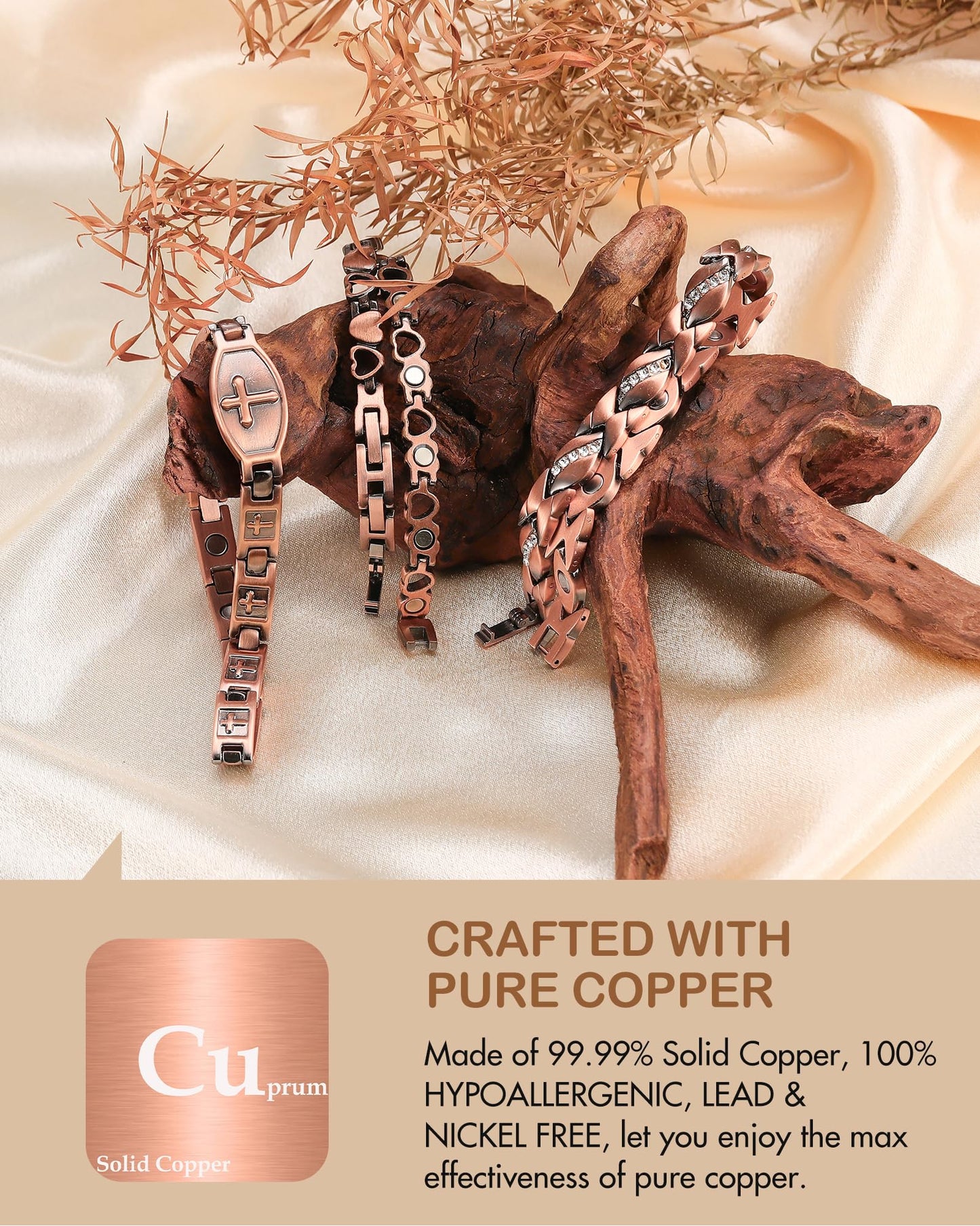 Feraco Copper Bracelet for Women 99.99% Solid Copper Magnetic Bracelets, Unique X Shape Links, Magnetic Field Therapy Jewelry Gifts (X with Crystals)