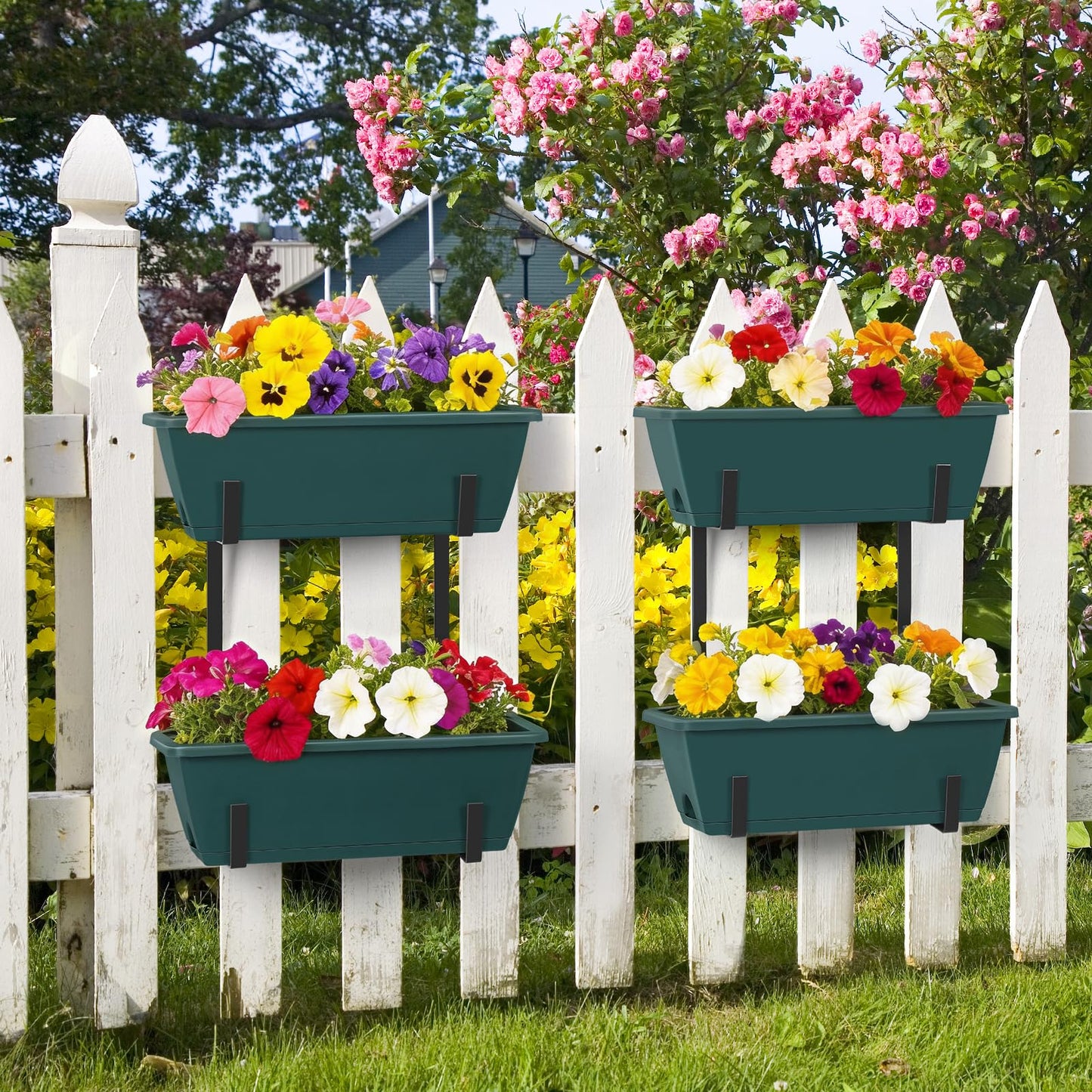 Deck Railing Planter Boxes 2 Tier Green Outdoor Hanging Planters Set of 2 with 4 Pack Flower Boxes 16.9 Inch Window Boxes Planters with Adjustable Brackets Balcony Planters for Garden Porch Patio