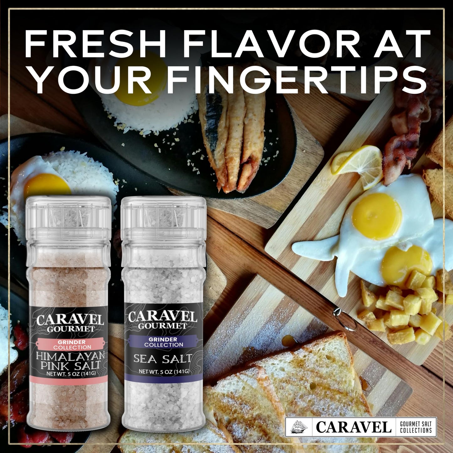 Sea Salt and Himalayan Pink Salt Grinder Bundle for Seasoning, Finishing, and Cooking – 5 oz Adjustable Grinders for Fine and Coarse Grinds – Caravel Gourmet
