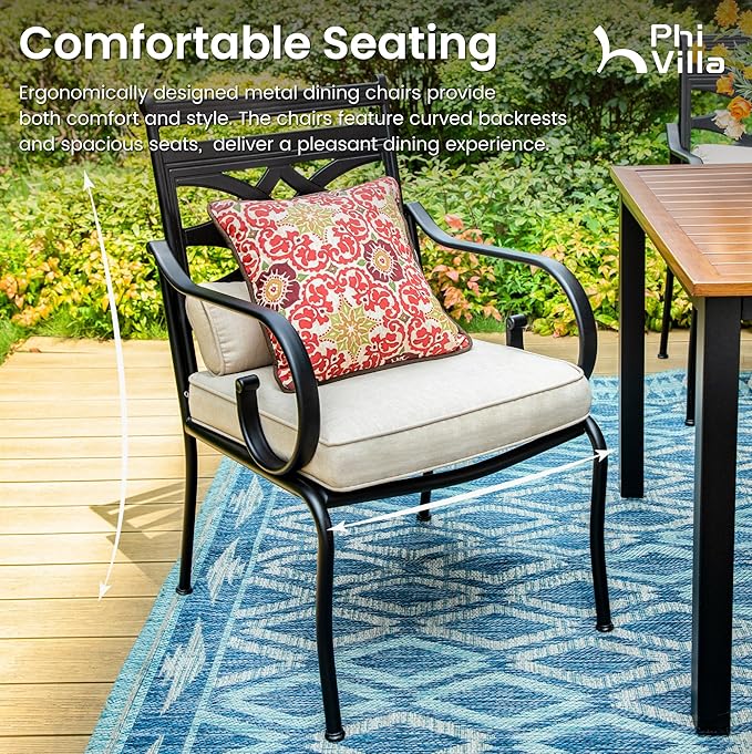 PHI VILLA 5 Pieces Outdoor Dining Set for 4, 37" Square Wood-top Metal Table & Wrought Iron Chairs, All Weather Large Outside Furniture with Cushions & Pillows for Patio, Deck, Porch