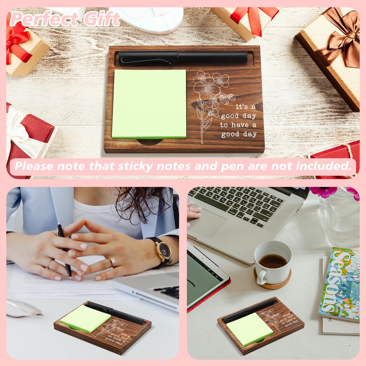 CINRLLA Sticky Note Holder Wooden Notepad & Pen Holder 6.5"" x 4.7"" Sticky Note Pad Holder Dispenser for Desk Work Motivational Gifts, NPA193, Brown