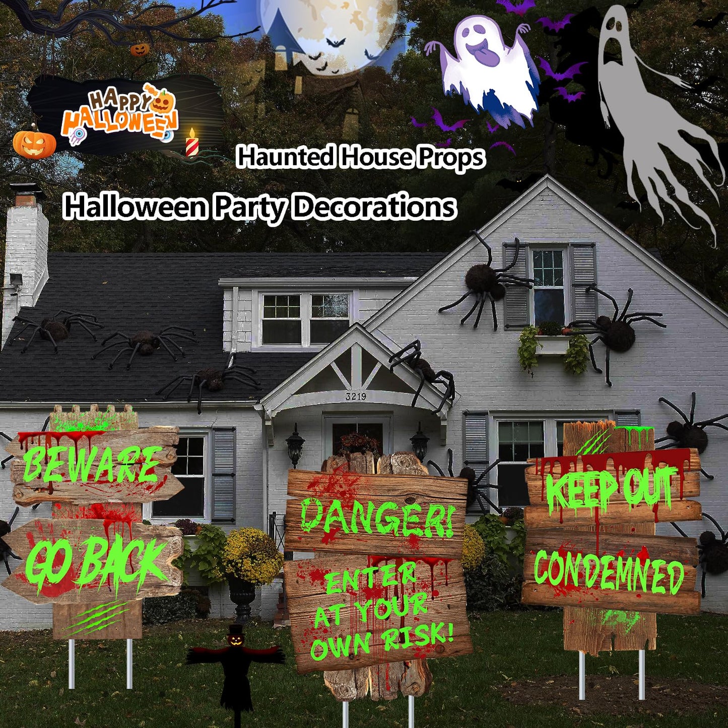 Halloween Decorations Beware Signs Yard Stakes Outdoor Creepy Assorted Warning Sign,Scary Zombie Theme Party Decor Supplies,3 Pieces