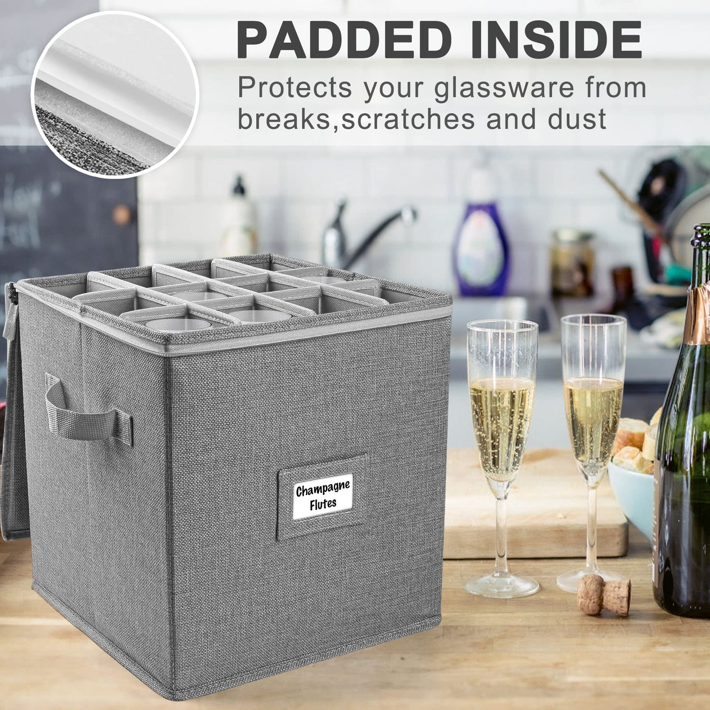 LotFancy Champagne Flute Storage Container, Hard Shell, Stackable, 12" Tall Wine Glass Storage Box with Dividers & Handles, Stemware, Crystal Glassware, Drinkware Case for Moving, Grey