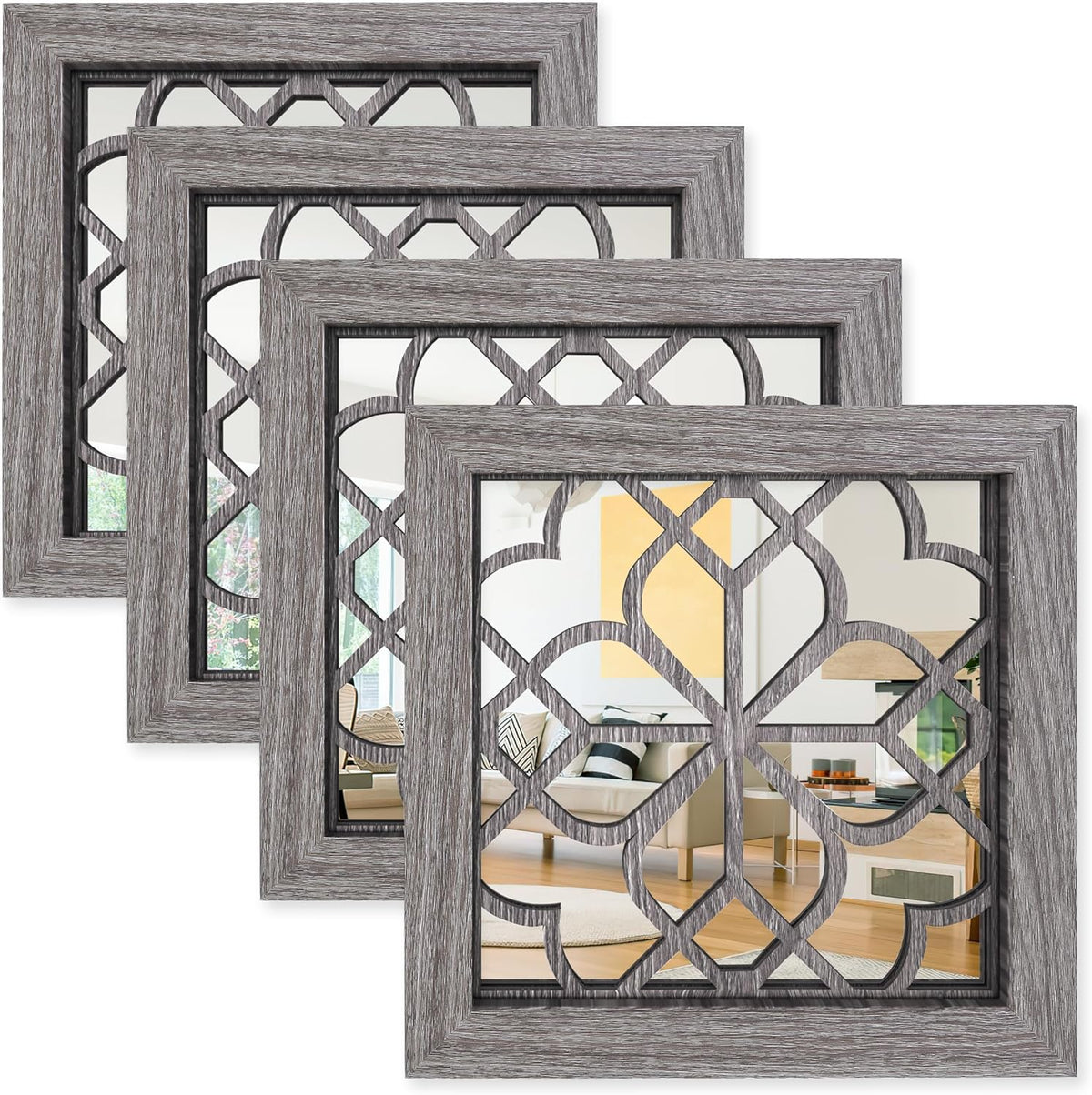 4pcs Farmhouse Wall Mirror with Carved Floral Design -Rustic Mirror Decor for Home, 12x12 inch(Brown)