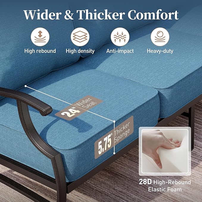 4 Piece Metal Outdoor Patio Furniture Set, Patio Conversation Set 1 3-seater Sofa, 2 Rocking Chair with 5.75" Extra Thick Cushion and Coffee Table, Black Frame Backyard Furniture, Navy