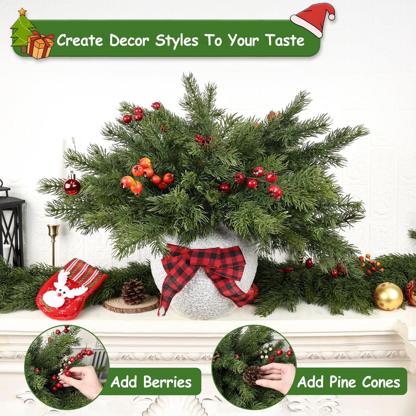 Artgar 24 Pcs Christmas Pine Branches - 18" Realistic Artificial Greenery Pine Stems - Real Touch Faux Cedar Picks for Vase, DIY Garland Wreath Home Indoor Outdoor Xmas Decorations