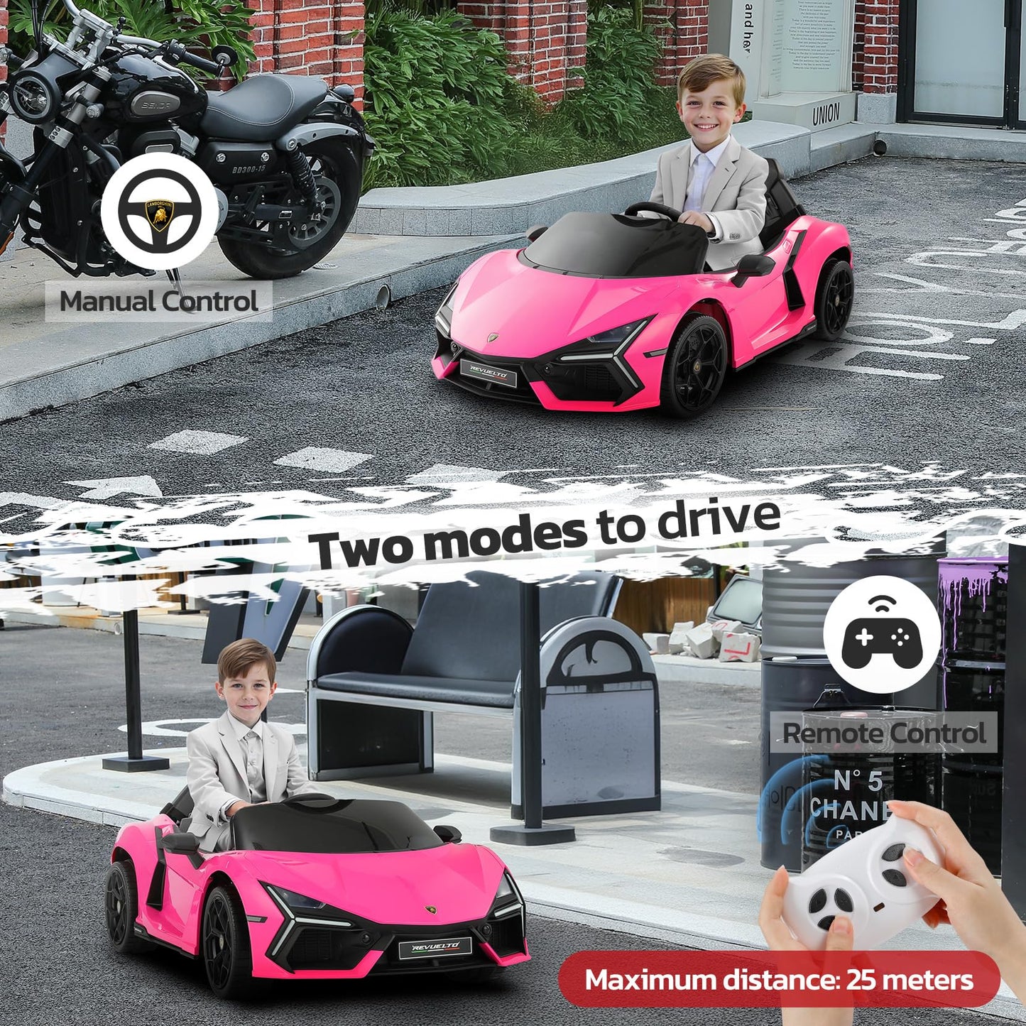 ELEMARA Licensed Lamborghini Ride On Car with Scissor Door,Electric car for Kids with Remote Control,12V Kids Car with Bluetooth,LED Light,MP3 Player and Wide Seat(Pink)